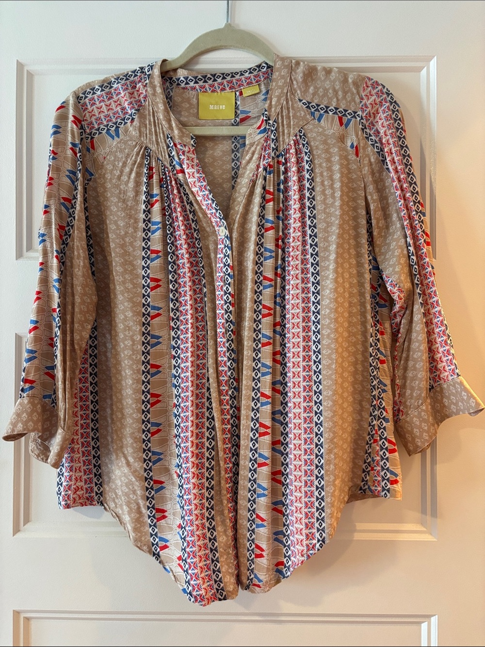 Maeve Beige Button-Front Blouse with Red & Blue Trim